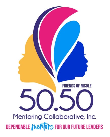 5050 Mentoring logo featuring colorful illustration of woman's silhoutte