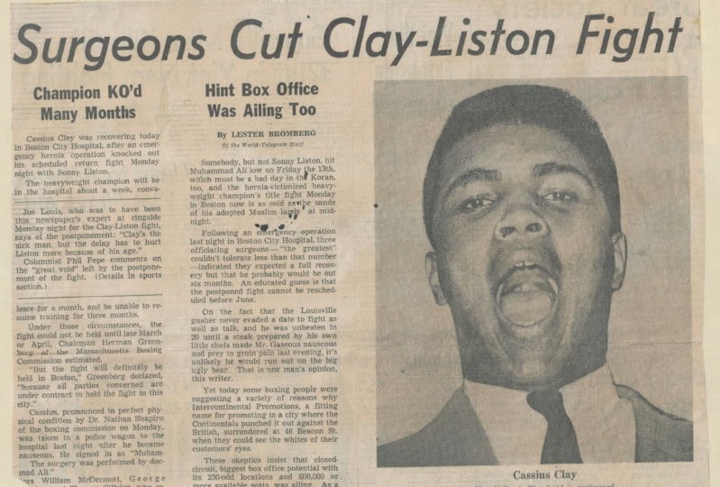 Newspaper article scan featuring Ali's face with mouth wide open and headline "Surgeons Cut Clay-Liston Fight"