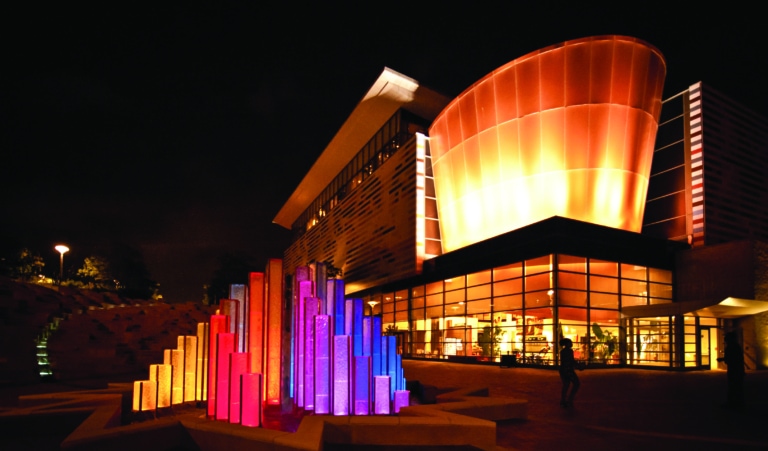 Muhammad Ali Center light up at night with colorful sculpture