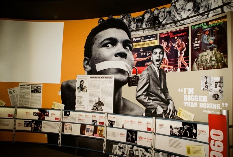 Photo of timeline exhibit at Muhammad Ali Center featuring pictures of Muhammad Ali