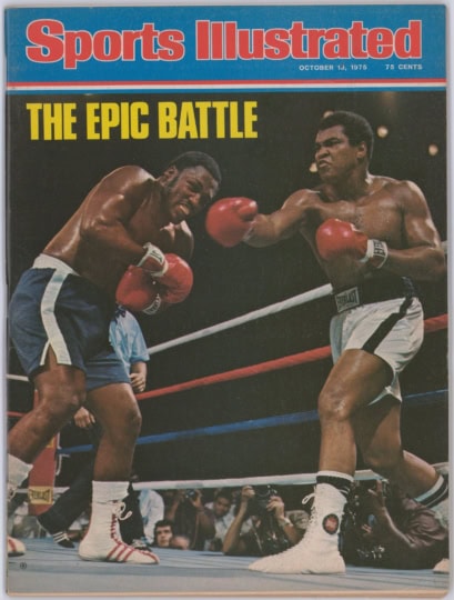 Sports Illustrated cover depicting Ali and Frazier in the ring with Ali throwing punch and text "The Epic Battle"