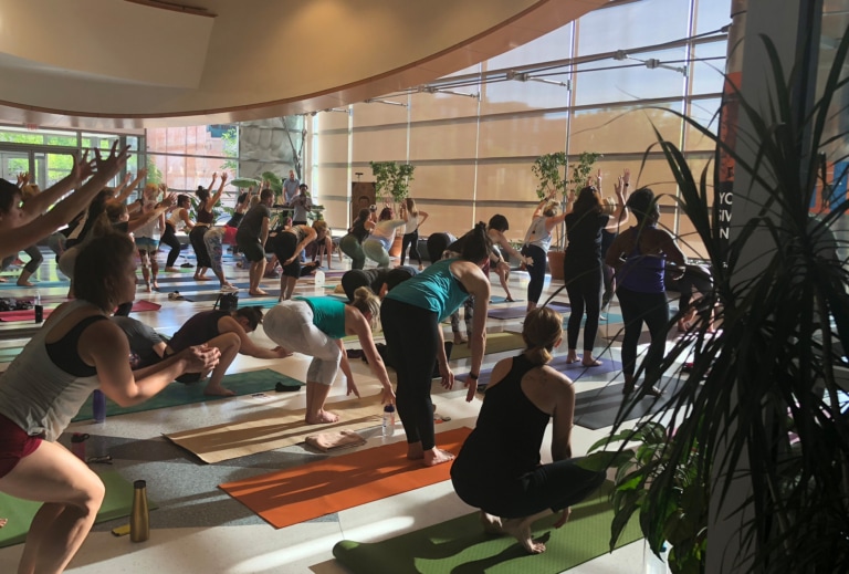 Room with a large glass wall and terrazzo flooring full of people practicing yoga
