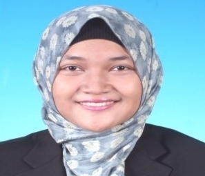 Woman with blue floral hijab and black jacket smiles for camera in front of blue background