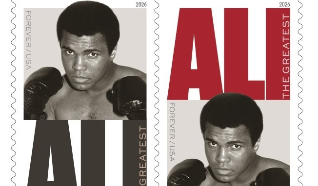 Photo of Muhammad Ali postage stamp featuring image of Ali in boxing pose