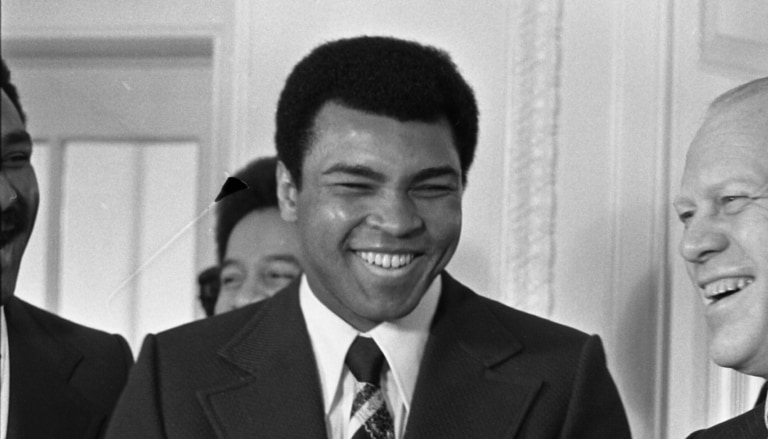 Black and white photo of Muhammad Ali with President Gerald Ford