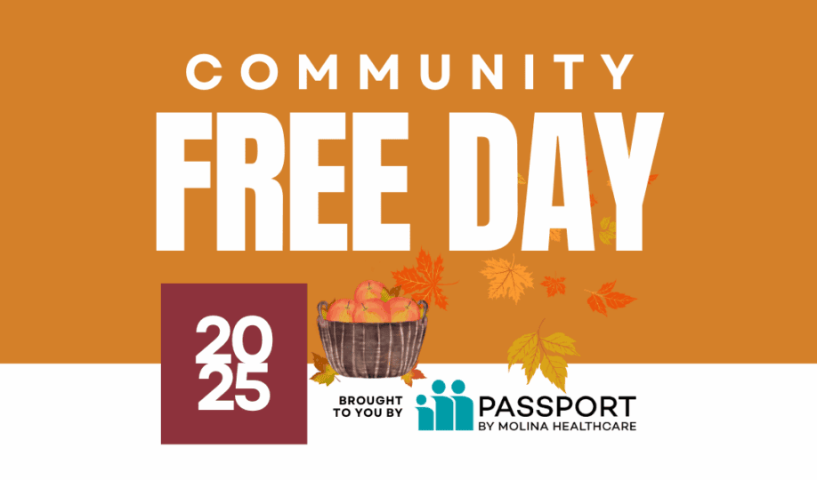 Burnt orange background featuring Community Free Day logo, Passport by Molina Healthcare logo, bushel of apples and falltime leaves
