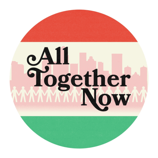 Red. white and green circle with city illustration inside and text 