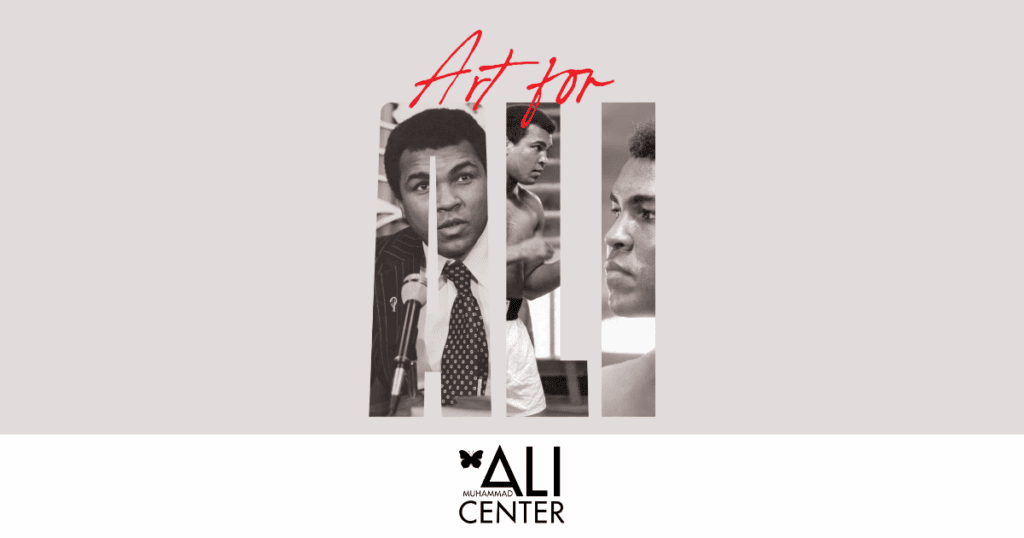 Gray backdrop with Art for Ali logo featuring Ali imagery