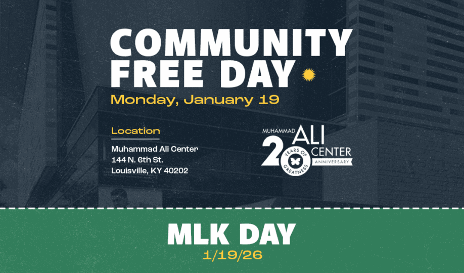 Community Free Day logo on blue backdrop featuring Ali Center building with text Monday, January 19 and Ali Center 20th logo