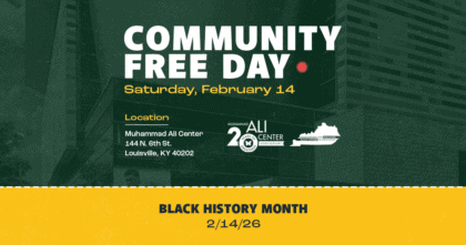Community Free Day logo on green backdrop featuring Ali Center building with text Saturday, February 14 and Ali Center 20th logo