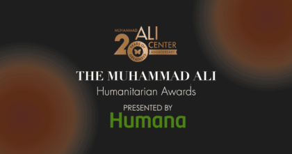 Bronze and black background with Muhammad Ali Humanitarian Awards logo and "Presented by Humana"