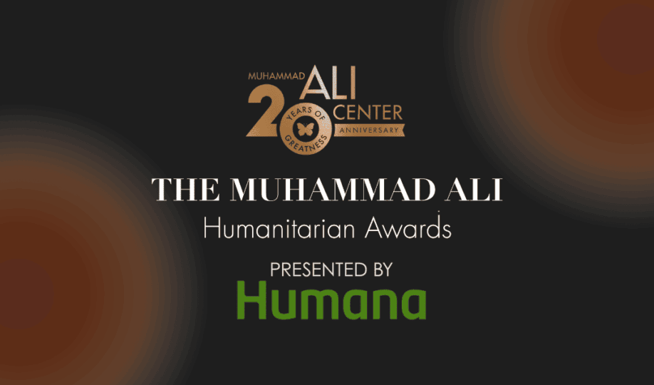 Bronze and black background with Muhammad Ali Humanitarian Awards logo and "Presented by Humana"