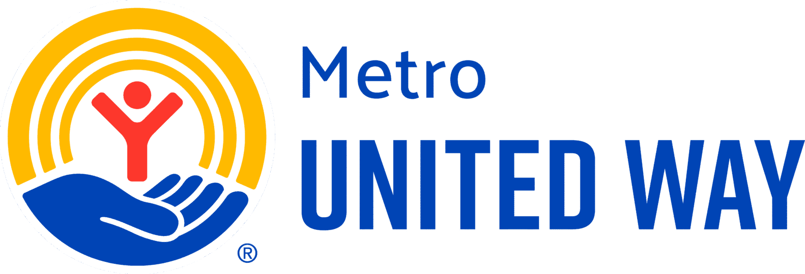 Metro United Way logo with red stick figure illustration held by blue hand